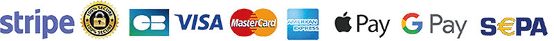Logotipos de opciones de pago, incluidos Stripe, Carte Bancaire, Visa, MasterCard, American Express, Apple Pay, Google Pay, transferencia SEPA.