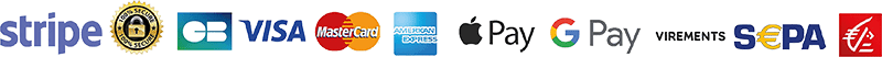 Options de paiement disponibles incluant Stripe, VISA, Mastercard, American Express, Apple Pay, Google Pay, et plus