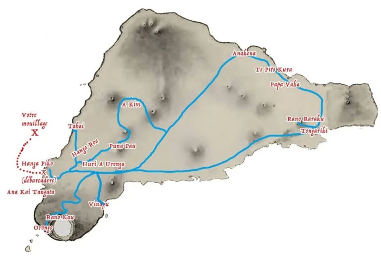 Carte de l’île de Pâques pour les croisiéristes : mouillage au large de Hanga Piko, débarcadère, et itinéraires vers Tahai, Anakena, Rano Raraku, Tongariki, Orongo et Rano Kau